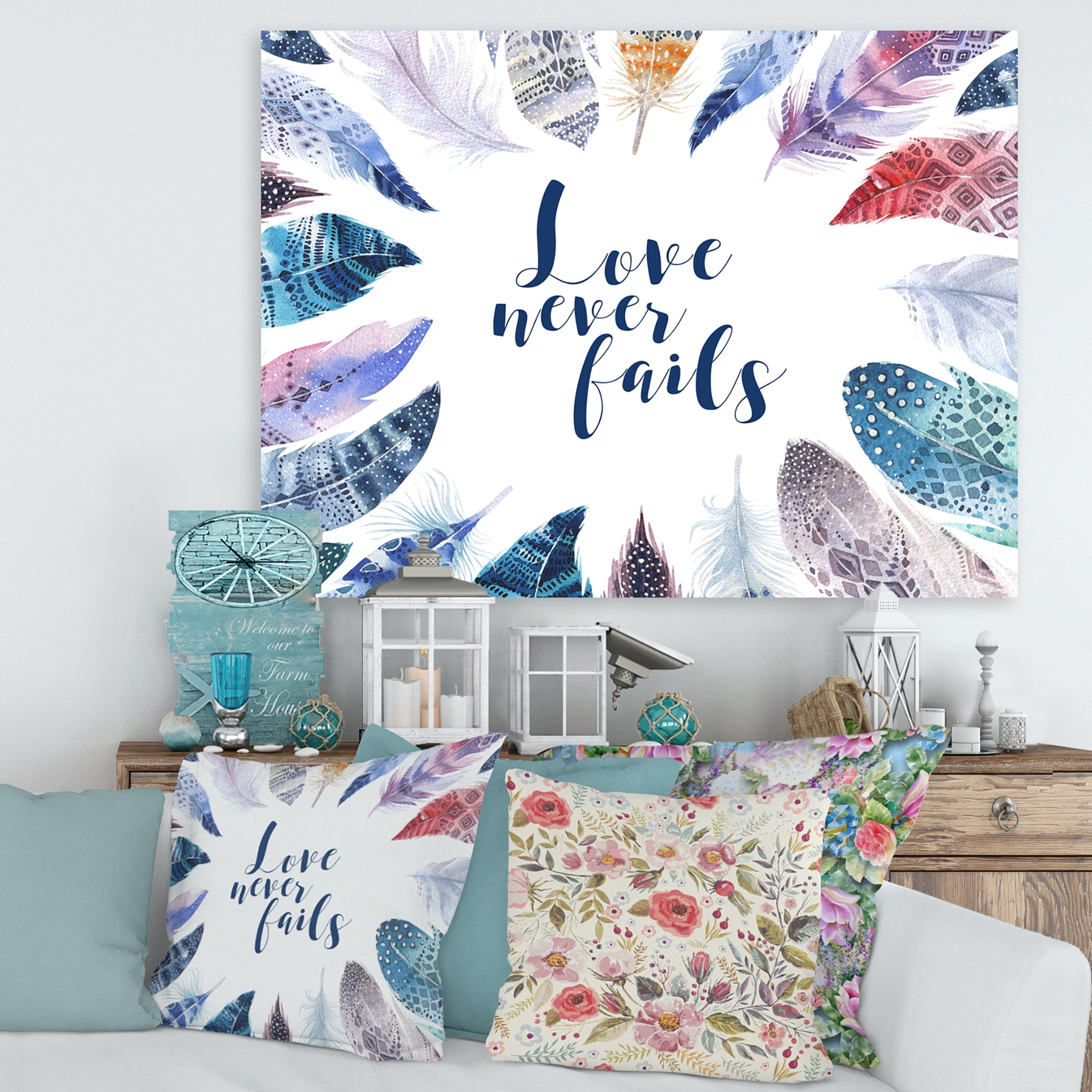 Designart ' Inspiring Quote With Boho Feathers ' Bohemian & Eclectic Canvas Wall Art Print
