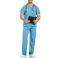 thumbnail image 4 of HAJWOH Scrubs for Men Set Stretchy Nurse Uniform Short Sleeve V-Neck Scrub & Jogger Pant Solid Color Scrub Suit with Multi Pocket Light Blue XL, 4 of 4
