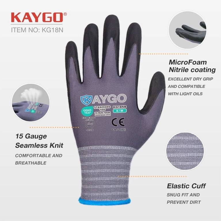 KAYGO Safety Work Gloves, Nitrile Coated, 3 Pairs, Medium photo 2