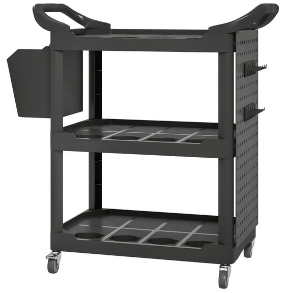 HOMCOM 3-Tier Rolling Tool Cart, Utility Cart with Side Shelf & Hook Black