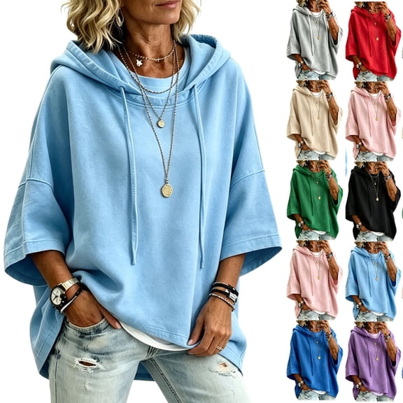 LNZGNM Hoodies for Women 3/4 Sleeve Solid Color Relaxed Hooded Everyday Breathable Pullover Daily Casual Outdoor,Blue(M)