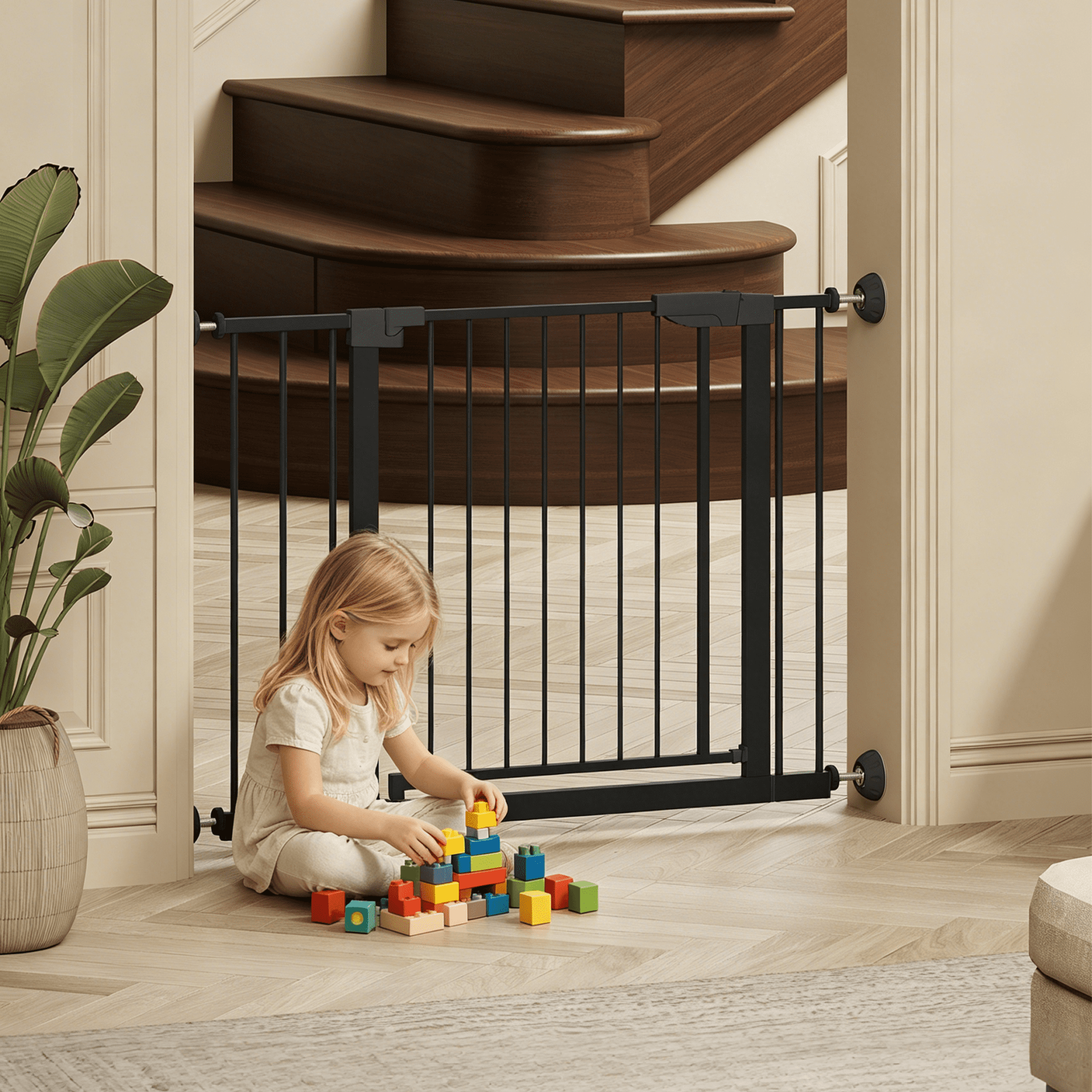 Black Pressure Mounted Baby & Pet Gate 29.5"-45.3" Wide with Wall Protector, No Drill Walk Through Safety Gate for Doorways & Stairs