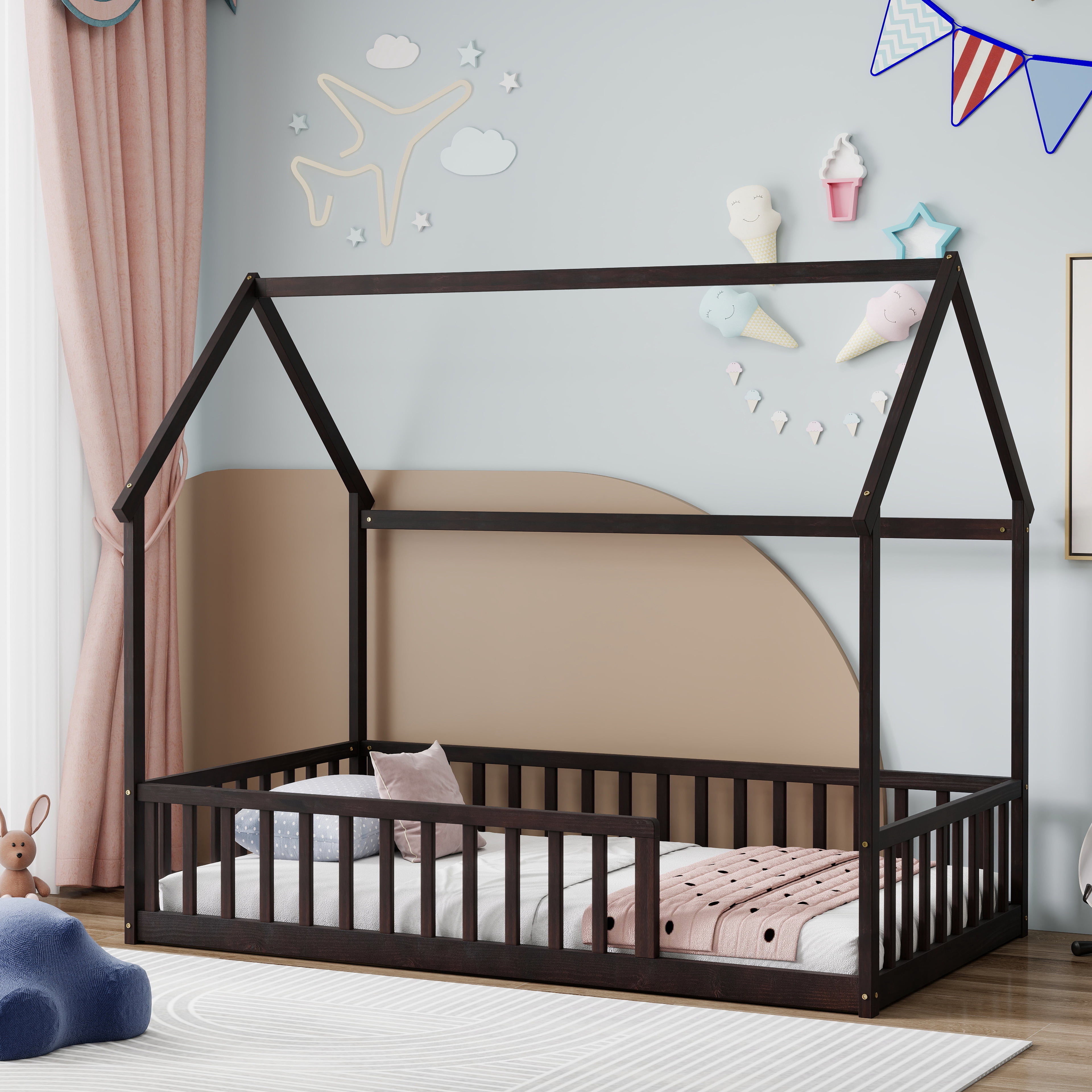 Twin House Floor Bed with Full Safety Fence, Solid Pine Montessori Kids Playhouse Bed Frame No Box Spring Needed Max 250 LBS for Toddler Nursery Bedroom