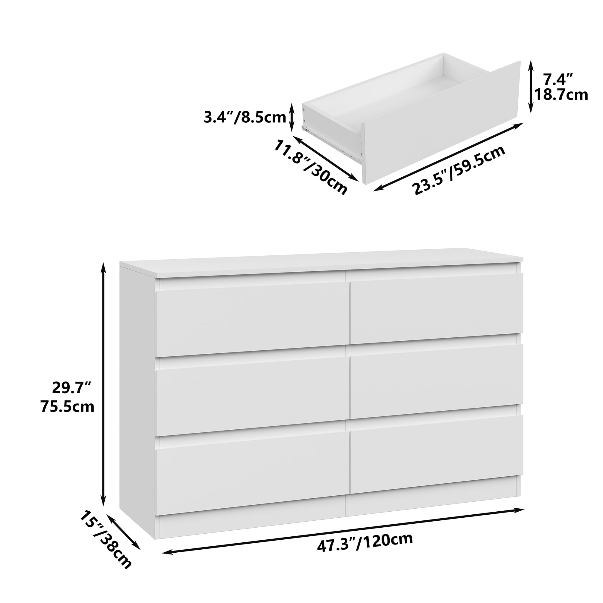 Furnihold 6-Drawer Dresser, 47.3"W Modern Bedroom Dresser, Wood Dresser For Living Room, Bedroom, White