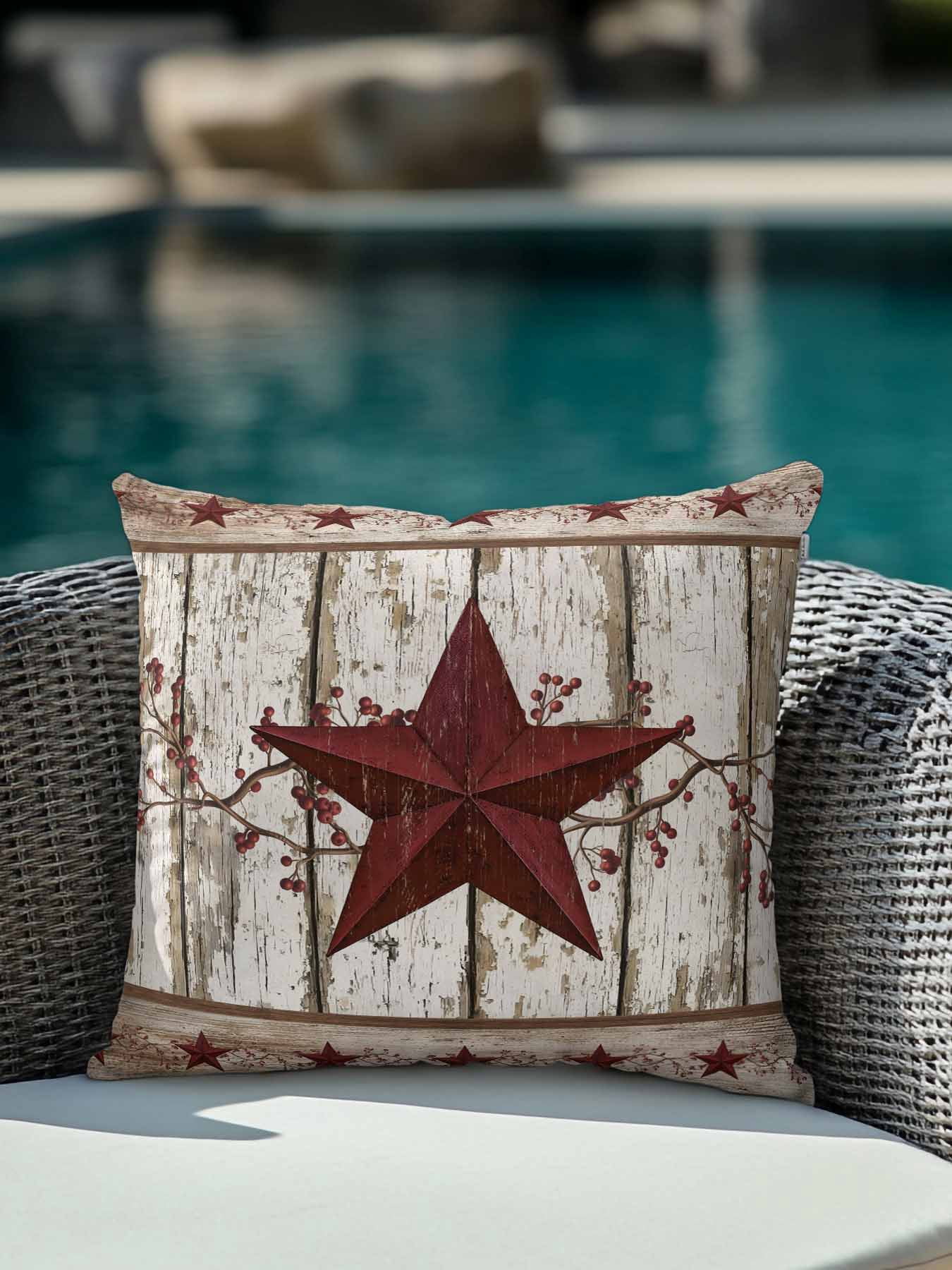 Outdoor Pillows Waterproof, Red Texas Star Vintage Bedding Throw Pillows with Insert for Couch Sofa Bed, Farmhouse Berry Grey Wooden 16x16 Inch Pillowcases Decorative Camping Patio Pillow Set of 1