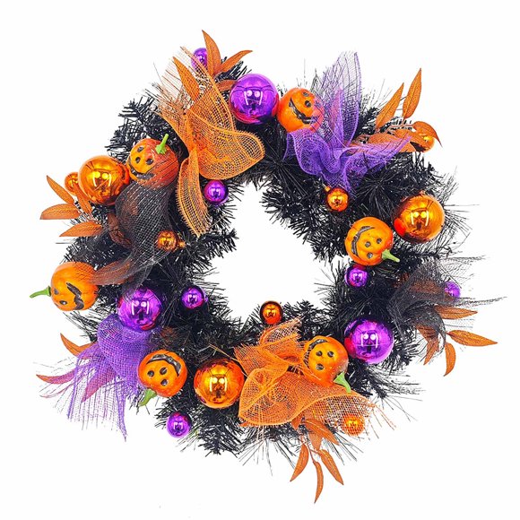 Maplenight 20" Pumpkin Halloween Wreath, Home Outdoor/Indoor Door Wall Decor, Haunted Party Garland, Fall Treat Home Decor, Durable Mesh & Ribbon Black