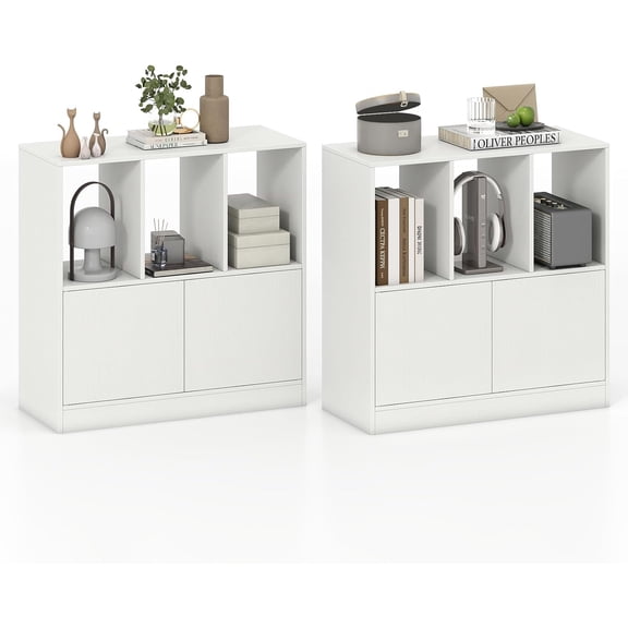3 Cube Bookcase with Doors, 3-Tier Cubby Book Shelf with 3 Open Compartments, Cabinet, Wooden Small Display Shelf, Freestanding Cubic Storage Organizer for Living Room, Study (2,White)