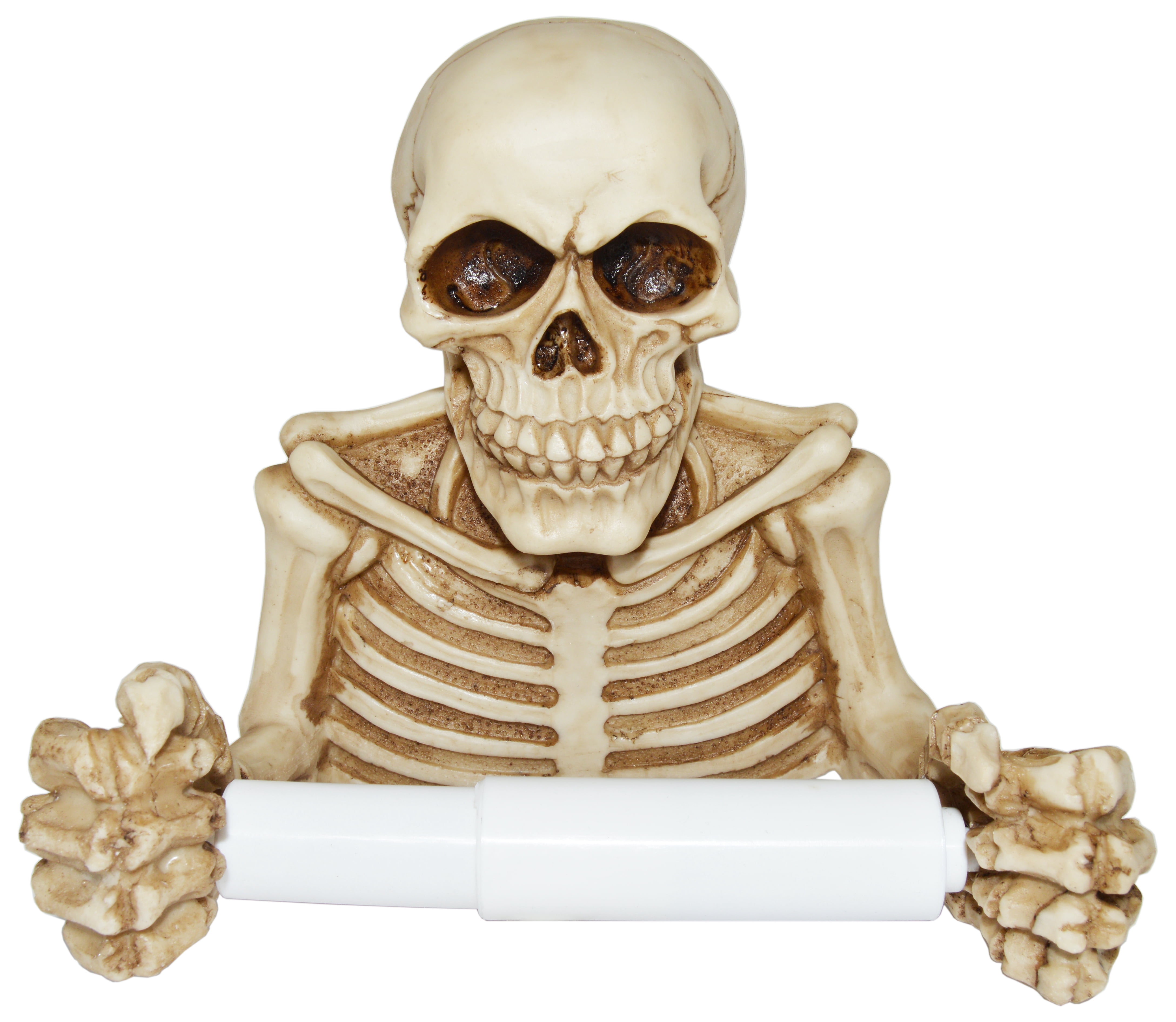 Skeleton Toilet Paper Holder with Keyhole Slot for Mounting on Wall, Spooky Skull TP Dispenser for Halloween Party, Sturdy Detailed Painted Resin Toilet Tissue Roll Holder