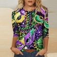 thumbnail image 2 of REORIAFEE Mardi Gras Women's T Shirts Stitch Crewneck 3/4 Sleeve T Shirt Glittering Beads Mask Crown Going Out Party Pullover Outfits 2024 Clothing Trendy Black XXXL, 2 of 5