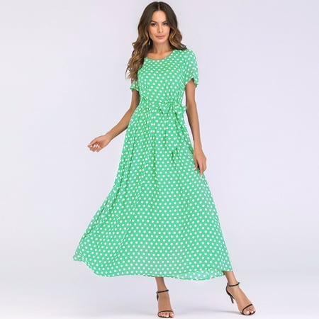Fashion Women Long Polka Dot Dress Short Sleeves High Waist Tie A-Line Vintage Maxi