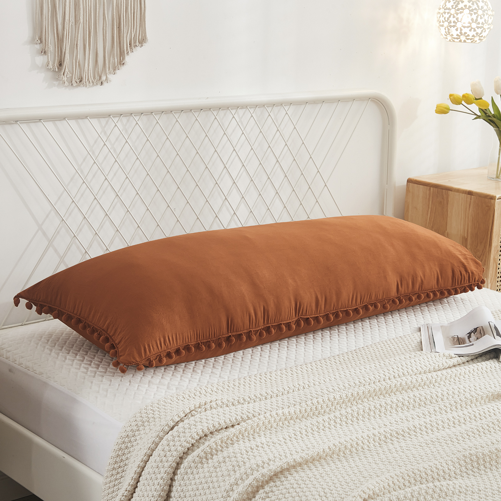 Move Over Burnt Orange Pillow Cover 20x54" Boho Chic Pom Poms Fringe Pattern Body Pillowcase 100% Washed Microfiber