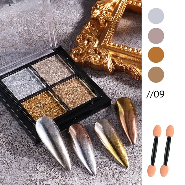 Fiudx Polvo de Espejo Sólido para Decoración de Uñas, 4 Colores, Brillo de Espejo para Uñas