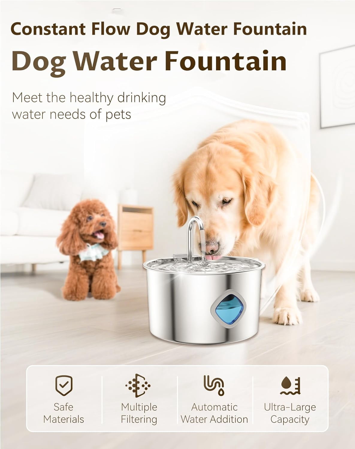 3.2L Stainless Steel Dog Water Fountain with 10 Filters, Quiet Pump Pet Bowl with Visible Water Level, Easy to Clean, for Dogs and Cats