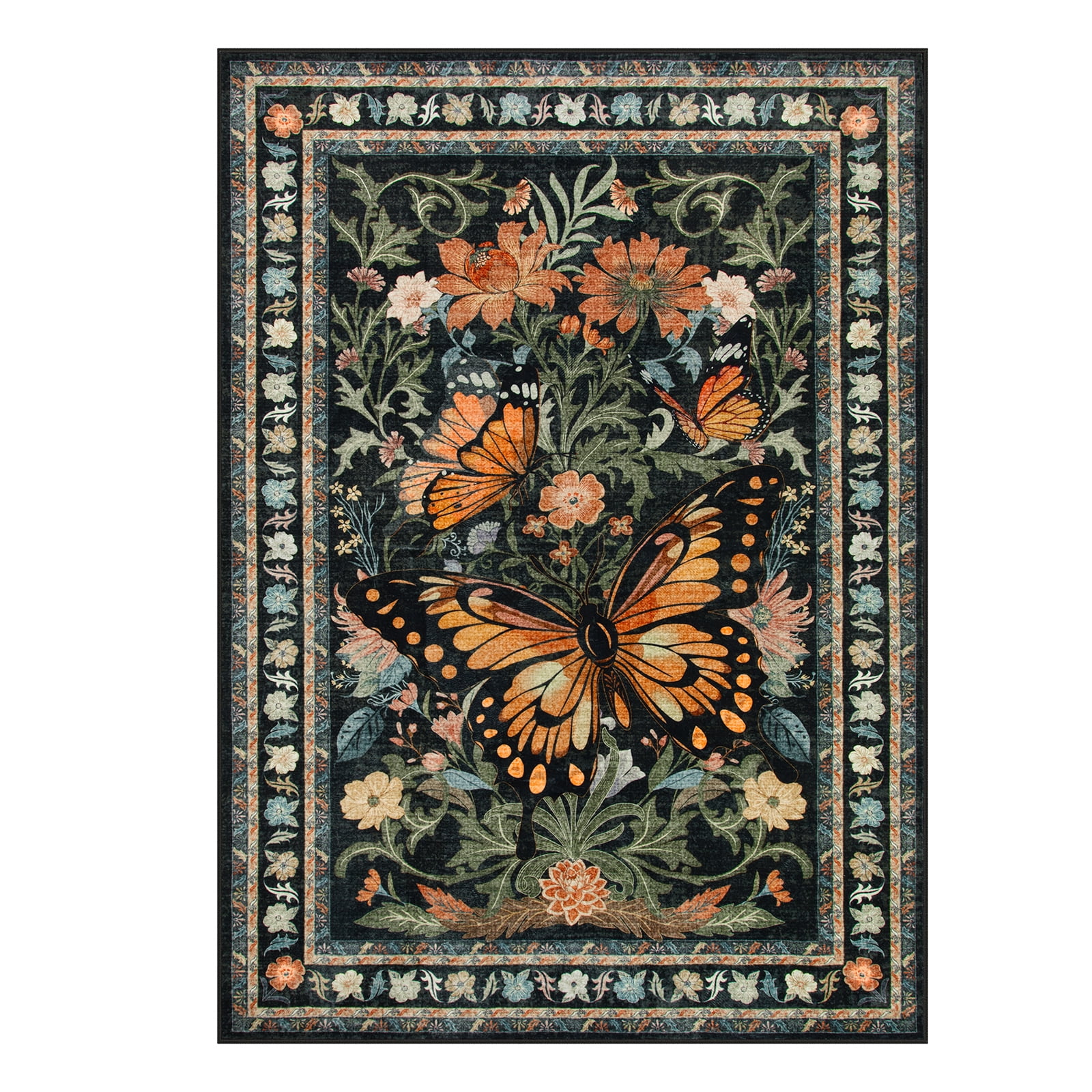 Lahome Decor 5'x7' Butterfly Bedroom Rug,Area Rugs 5x7ft Rugs for Living Room, Non-Slip Washable Rugs Stain Resistant Boho Floral Rug Low-Pile Throw Rug for ‎Dining Room Office,Black