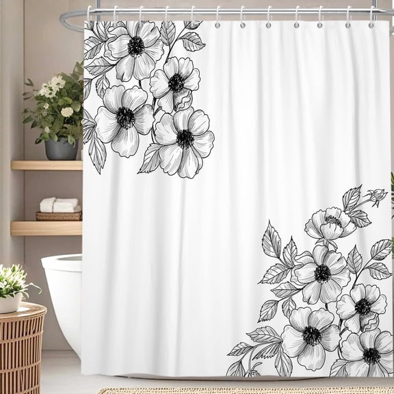 Black and White Floral Shower Curtain Modern Bath Curtain for Bathroom Decor with Hooks 72x72 in