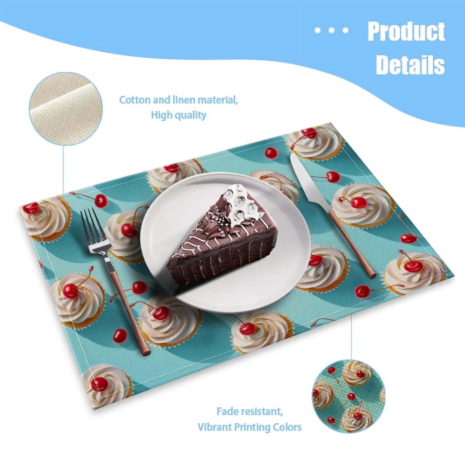BaHomeck placemats Set of 4 rectangle Linen Cotton Placemats for Dining Table Washable Heat Resistant,18*12inch,Pattern Of Cupcakes With Cream And Cherries On Top