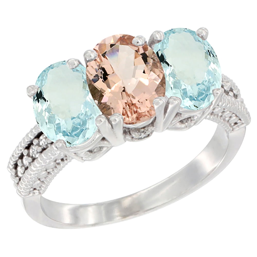 14K White Gold Natural Morganite & Aquamarine Sides Ring 3-Stone Oval 7x5 mm Diamond Accent, sizes 5 10 by WorldJewels