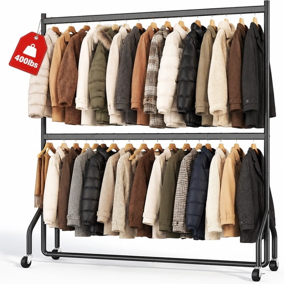 Rolling Clothes Rack with Wheels, Heavy Duty Garment Rack Double Rod, 400 lbs
