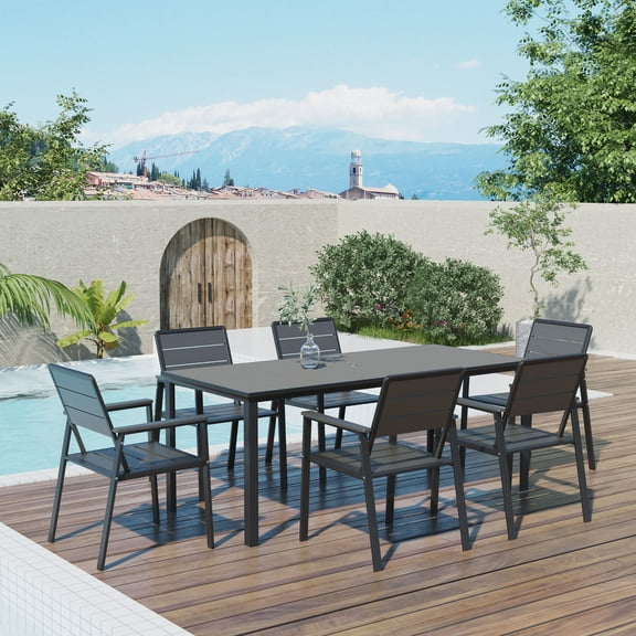 AreShark  7-Piece Outdoor Patio Dining Set, 6 Patio Chairs & Rectangular Dining Table with All-Weather Metal-Framed HDPE Furniture Set - Light Gray