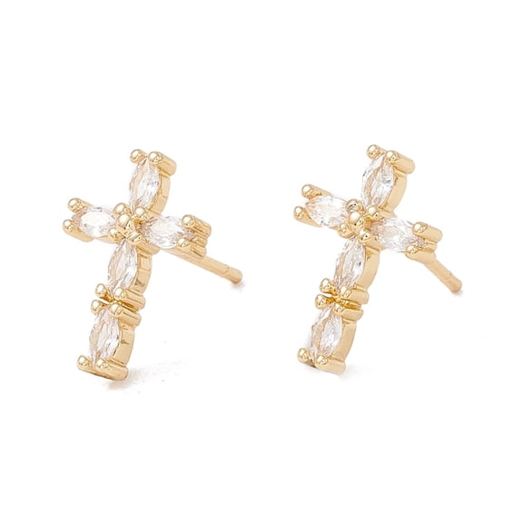 Clear Cubic Zirconia Cross Stud Earrings Brass Jewelry for Women Lead Free & Cadmium Free Real 18K golden Plated 14x10mm Pin: 0.8mm