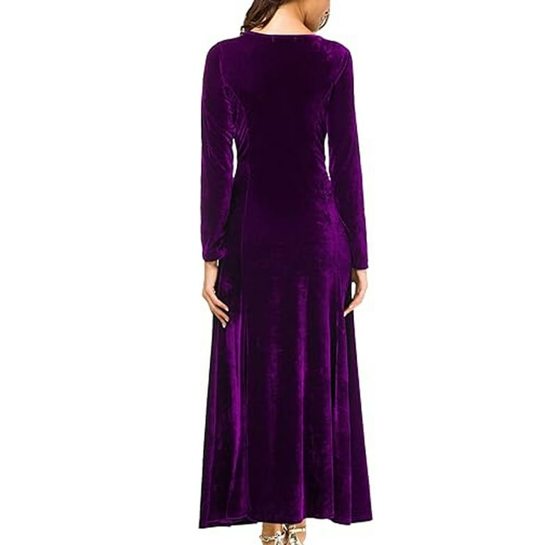 Women Velvet Dress Elegant, Round Neck Long Sleeve Solid Purple Dress -  Walmart.com