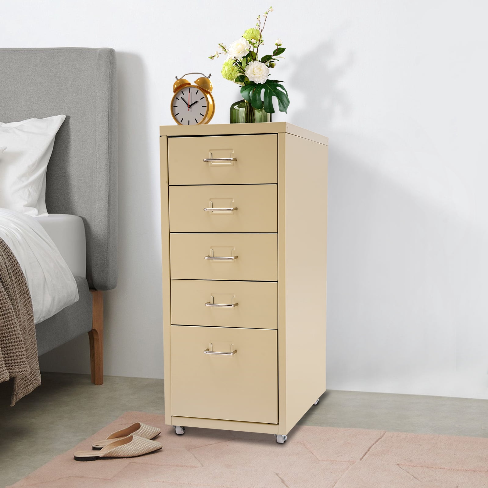 Fichiouy Metal File Storage Cabinet with Rubber Wheels 5-Drawer Storage Cabinet for Home Office 16" D x 11" W x 27" H