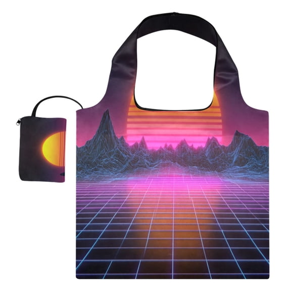 Large Capacity Print Tote Bag,Lightweight Portable Foldable Shopping Bag A Retro-wave Landscape