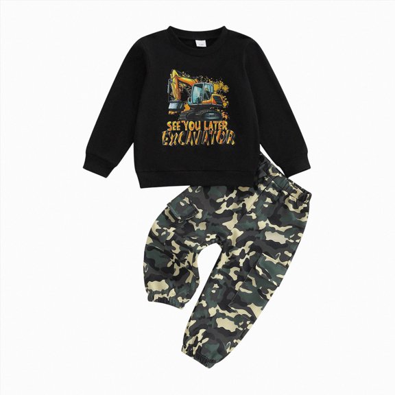 Linfrsh Toddler Baby Boy Fall Clothes Tops Camouflage Pants 2Pcs Outfits 18 24 Months 2T 3T 4T Kids Letter Print Long Sleeve Pullover Sweatshirt Winter Boys Clothing