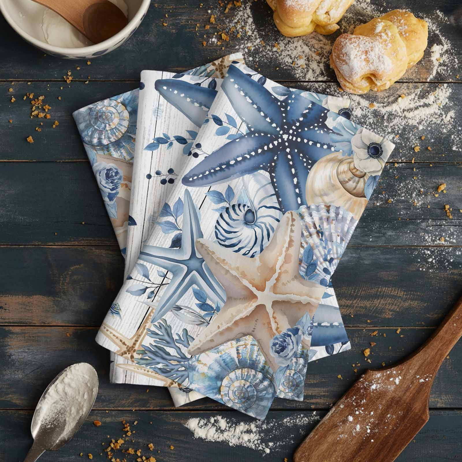 Blue Starfish Coastal Kitchen Towels Set of 4, Water Absorbent Dish Towel, Eucalyptus Summer Nautical Shell Wooden Decorative Hand Towels - Quick Drying Cloth for Cooking Baking, 18x28 Inch