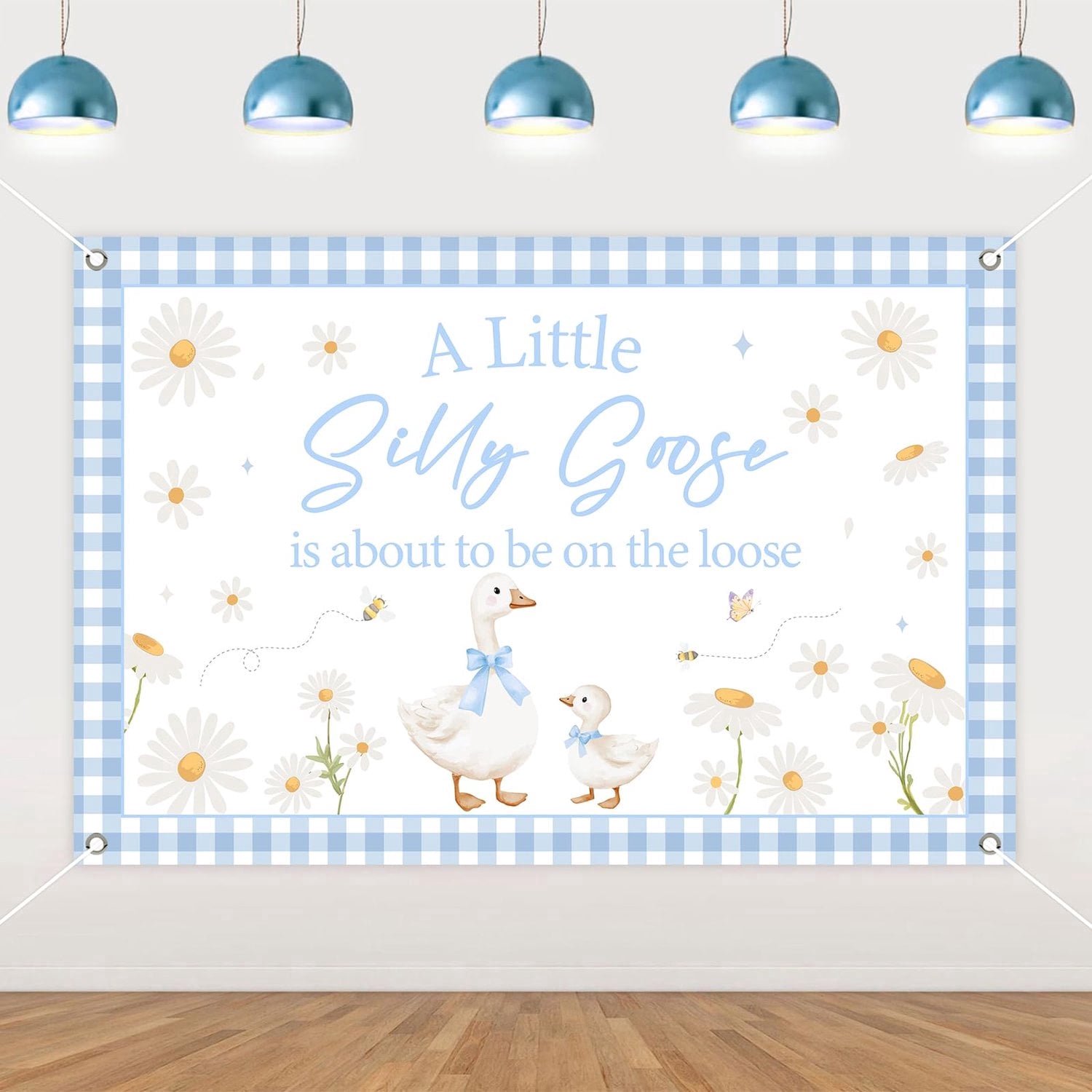 Silly Goose Baby Shower Decors Blue A Little Silly Goose is About to Be On The Loose Backdrop Banner 4.92 * 3.28ft Goose Baby Shower Decor Geese Daisy Farm Animal Gingham Gender Reveal Party Supplies