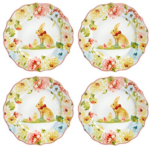 Secret Garden Spring Blooms Scalloped Easter Bunnies Salad Plates, Set