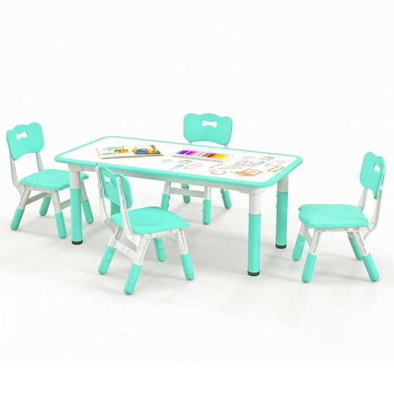 Infans Kids Height Adjustable Table and 4 Chairs Set with Graffiti Desktop Green