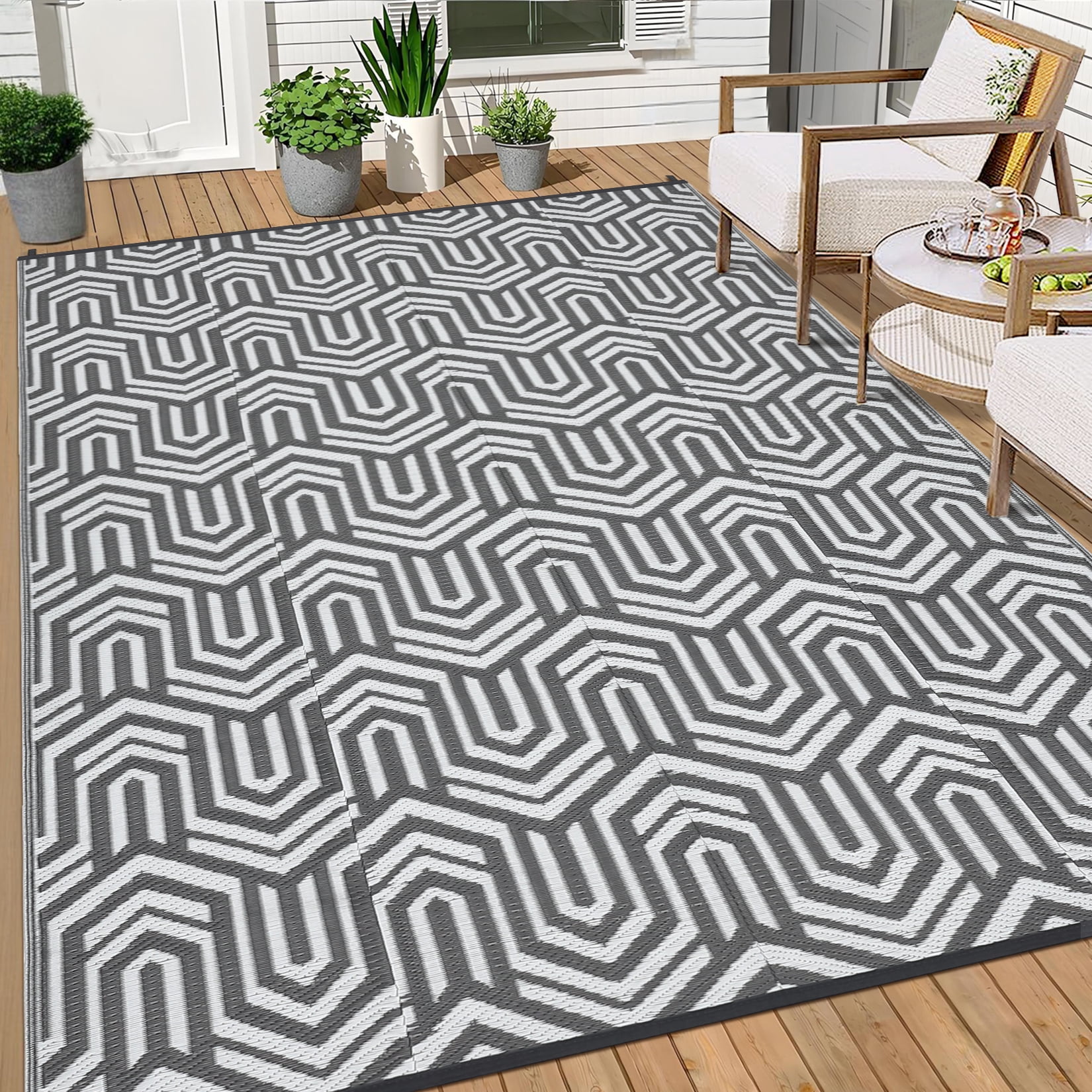 Garvee Waterproof Outdoor Rug 8x10ft Reversible Patio Rug, Plastic Straw Rug RV Camping Rug for Deck Balcony Porch Picnic Backyard, Gray White