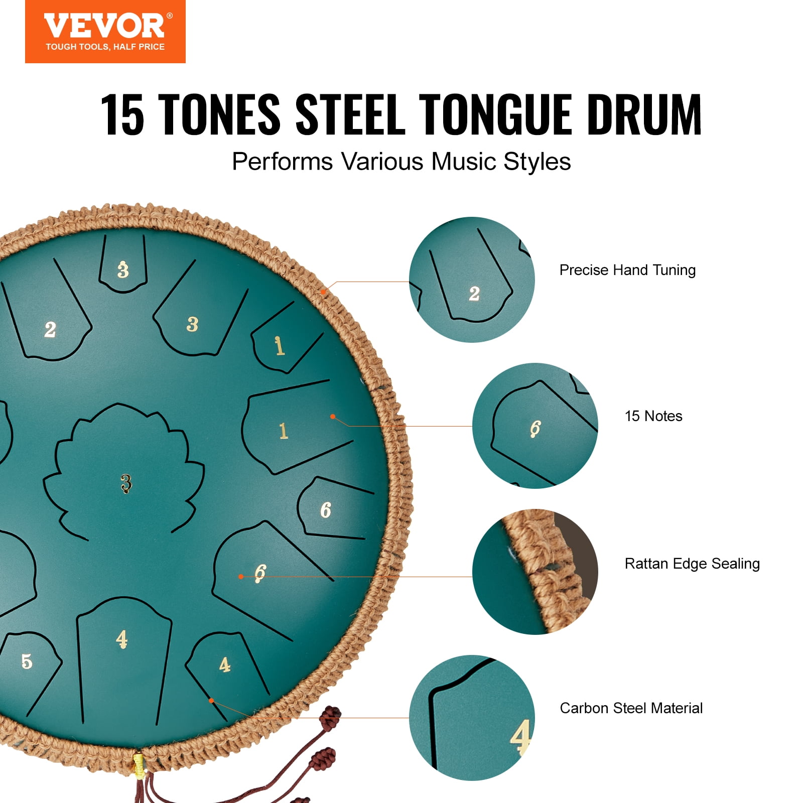 VEVOR Steel Tongue Drum, 14 in & 15 Notes, Rain Drum for Outside Garden, C Major Key, Tank Drum with 2 Mallets & Carry Bag, Hand Pan Drum Percussion Instrument for Musical Education Yoga, Green