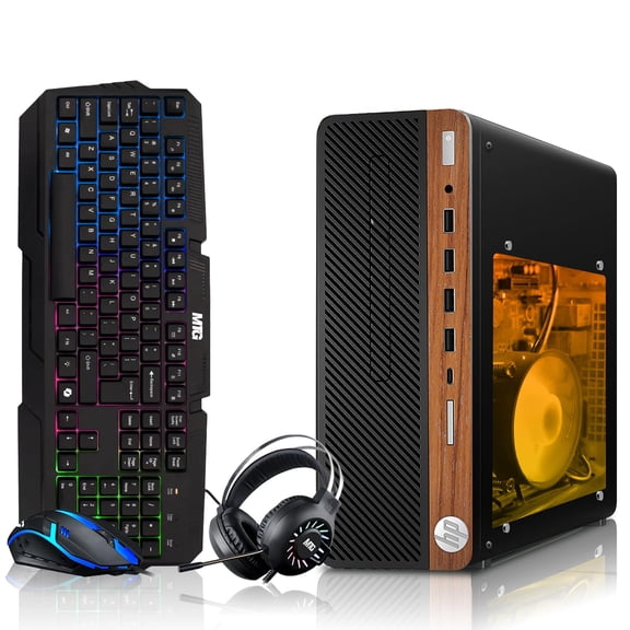 Restored HP Half Dark Gaming PC Desktop Computer – AMD Pro A10-9700,GT 1030 Graphics,16GB RAM,256GB SSD,RGB Keyboard with AI Copilot,Mouse,WiFi,RGB Headphone,Windows 11