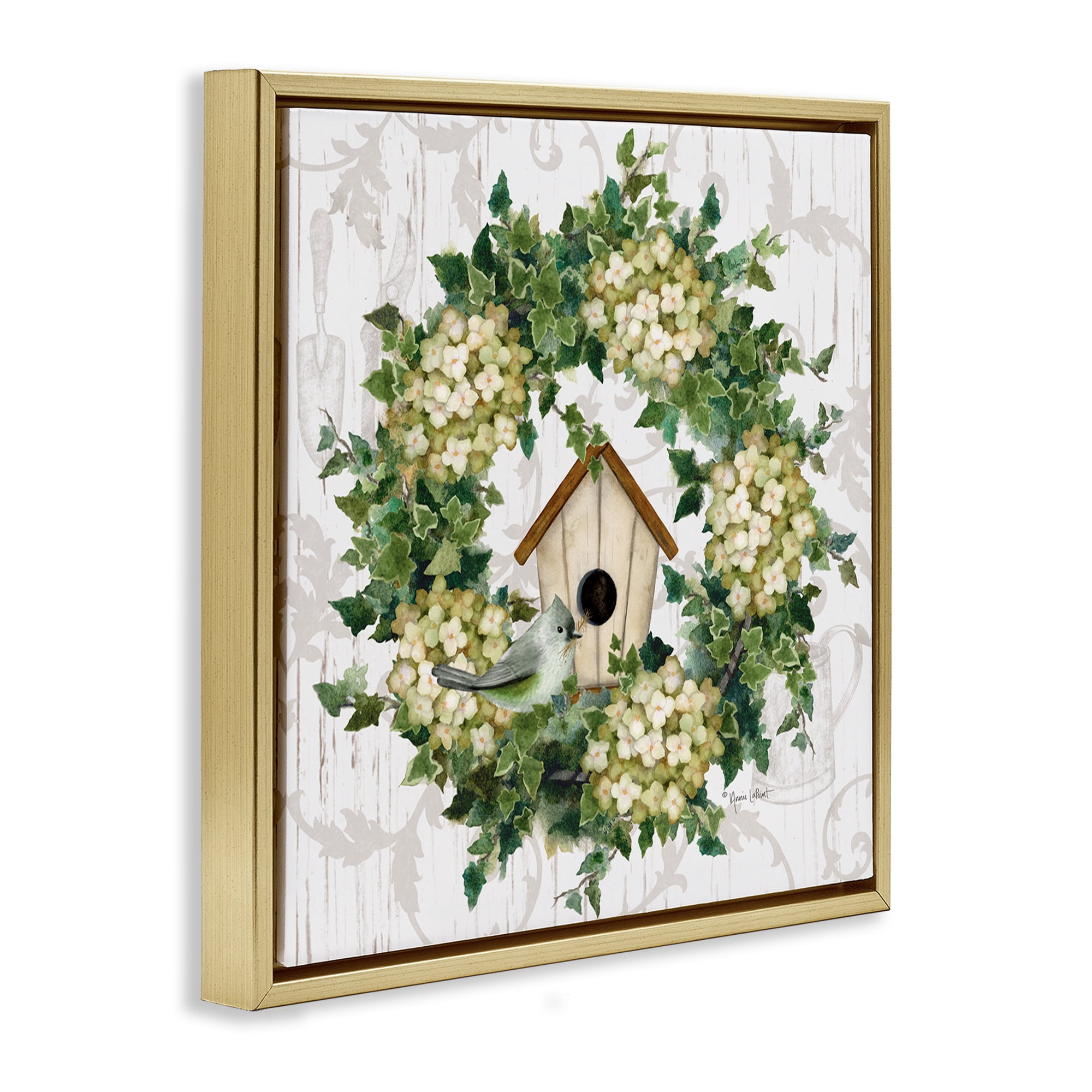 Stupell Industries Spring Birdhouse Wreath Botanical & Floral Painting Gold Floater Framed Canvas Art Print Wall Art, 18 x 18