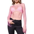 thumbnail image 2 of Women'S Rhinestone Body Chains Long Sleeve Tops Crystal See Through Mesh Fishnet Shirts Outfits Pink L, 2 of 7