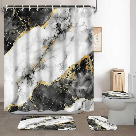 4Pcs Bathroom Sets with Shower Curtain and Rugs, Marble Bathroom Shower Curtain Sets, Black White Gold Modern Art Bathroom Sets with Rugs and Accessories