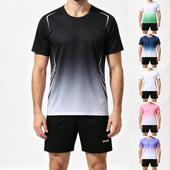 PIWHJQK Men Short Sleeve Shorts Athletic Tees Set Men's Colorblock Gradient Short Sleeve Shorts Casual Workout Set Men Outfit Sets