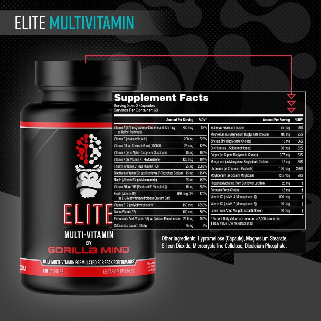 Gorilla Mind Elite Multi-Vitamin for Peak Performance, 27 Nutrients, 180 Capsules