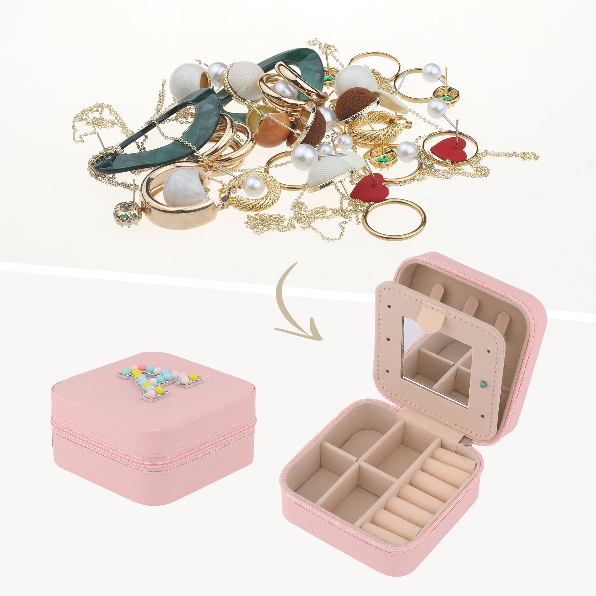 Unique Bargains Mini PU Leather Jewelry Box with Mirror Pink Letter A