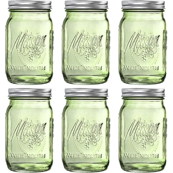 Mason Jars 32 oz - 6 Pack Green Large Mason Jars Wide Mouth,Glass Jar with Lid for Canning, Pickling, Food Storage, Fermenting, DIY Crafts & Decor, Reusable