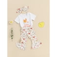 thumbnail image 5 of Baby Girl Summer Outfits Letter Print Short Sleeve Rompers Hen Print Flare Pants Headband 3Pcs Clothes Set, 5 of 10