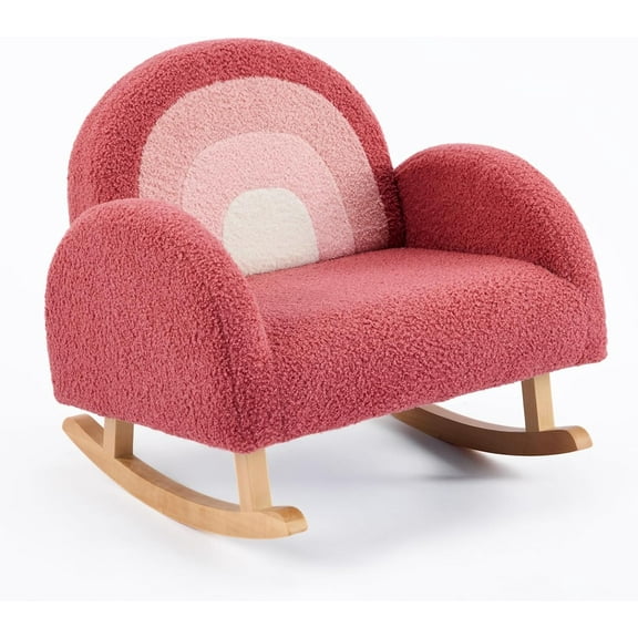 JOYMOR  Chair, Teddy Fleece Toddler Rocking Chair with Solid Wood Legs, Anti-Tip Design,  Sofa for Nursery, Playroom, Red