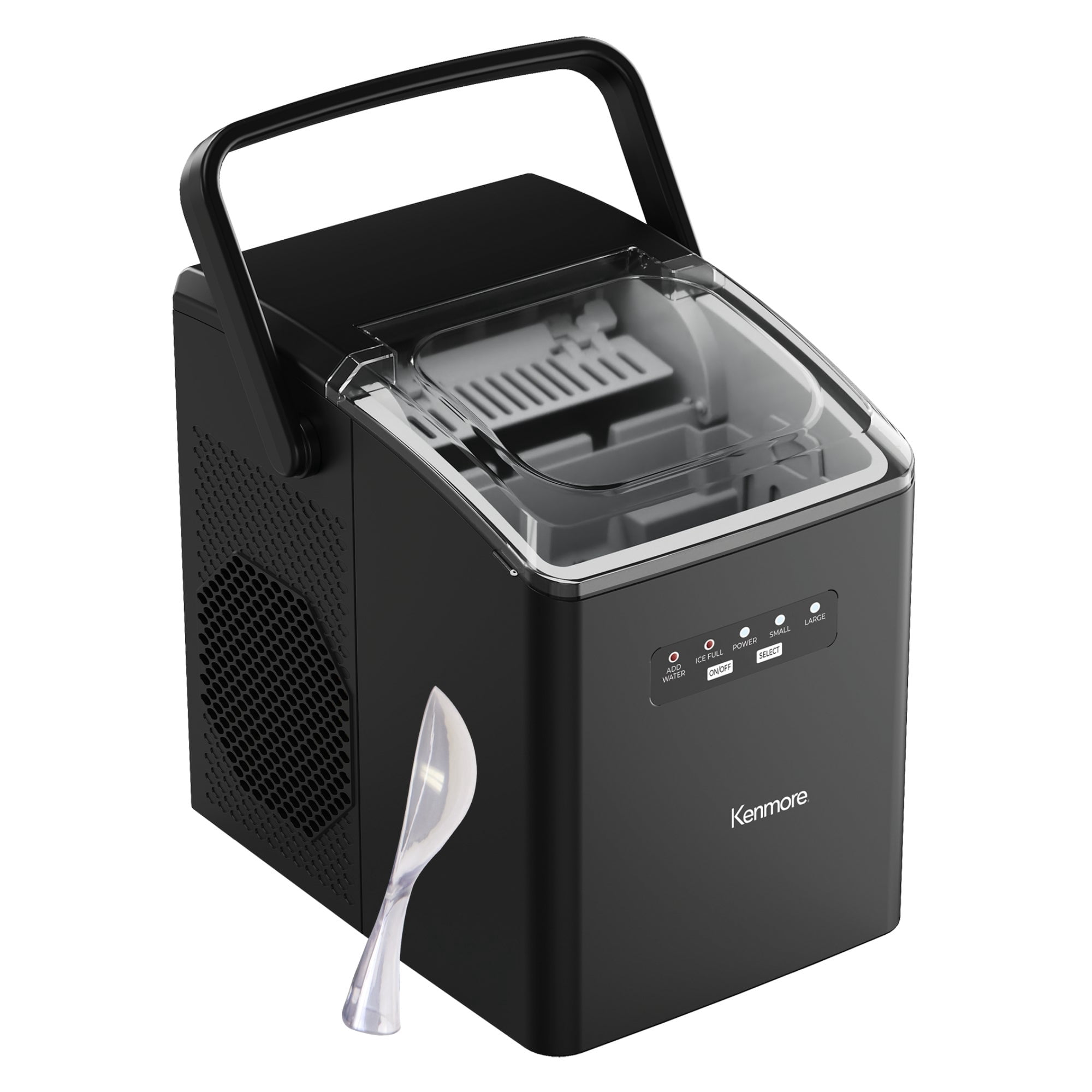 Kenmore Portable Countertop Bullet Ice Maker, 26 lb Ice per Day, Fast Ice in 6–7 Minutes, Two Sizes, Self-Cleaning Ice Machine with Scoop and Basket for Home, Office or RV, Black