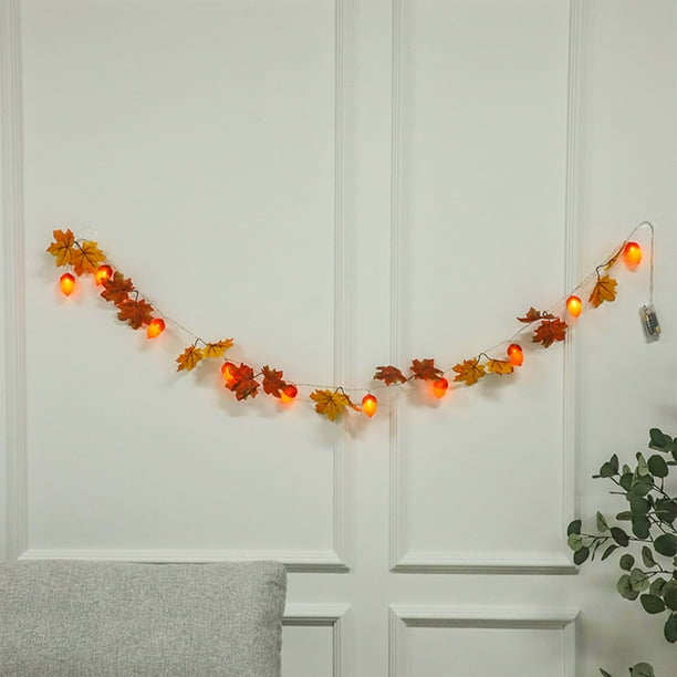 Guirnalda Led de Halloween de 2 M con Hojas de Arce y Bellotas - 10 Luces Blancas Cálidas, Funciona con Pilas, Ideal para Decoración de Interiores, Exteriores y Fiestas.