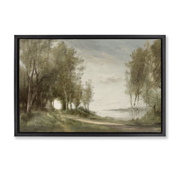 Stupell Industries Rustic Lodge Tranquil Lakeside Path Black Floating Frame Canvas Art, 25 x 17, by Amber Sterling