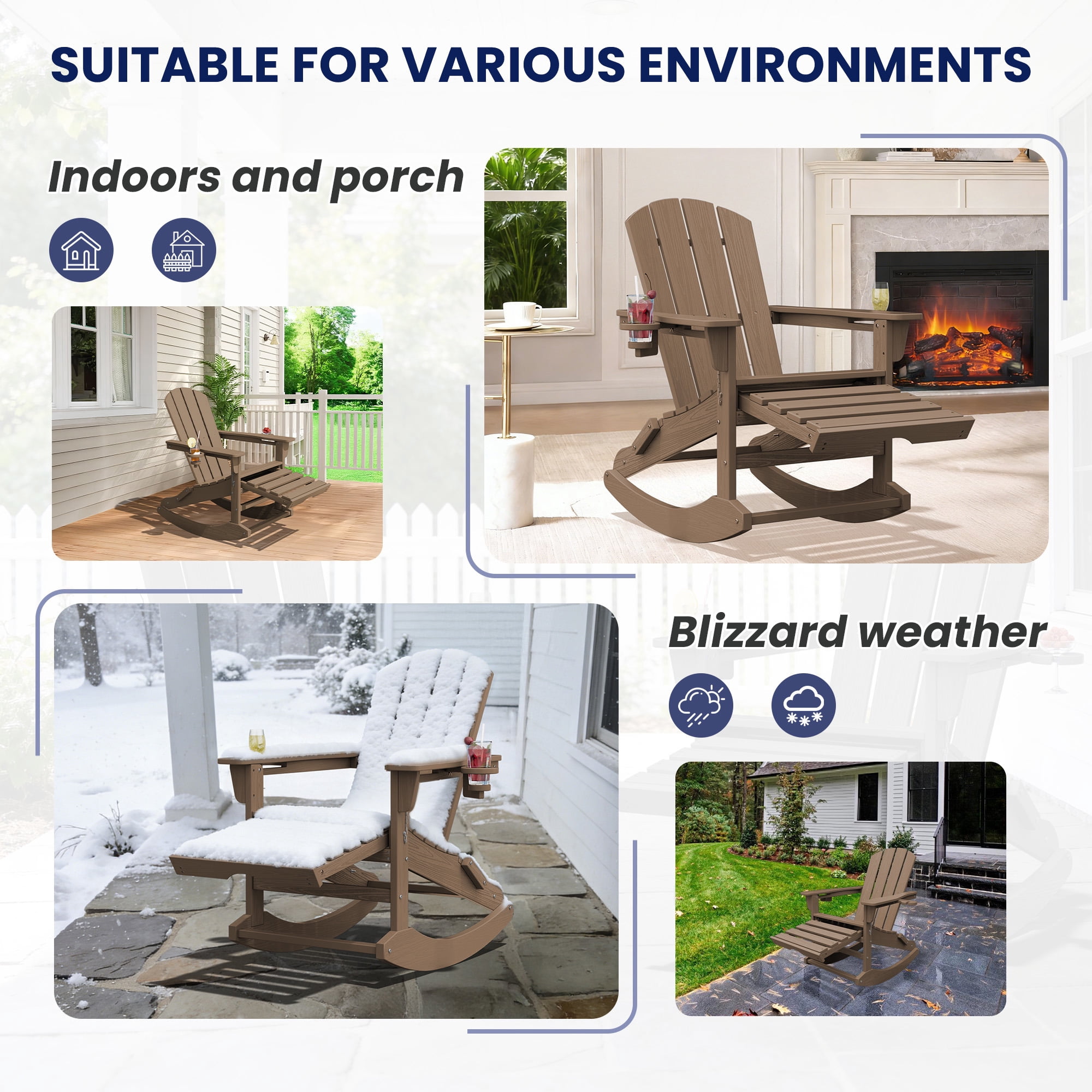 KINGYES Adirondack Rocking Chair Set of 2 with Retractable Ottoman and Cup Holders, HDPE Adirondack Rocker, Patio Rocking Chair for Porch, Patio, Brown