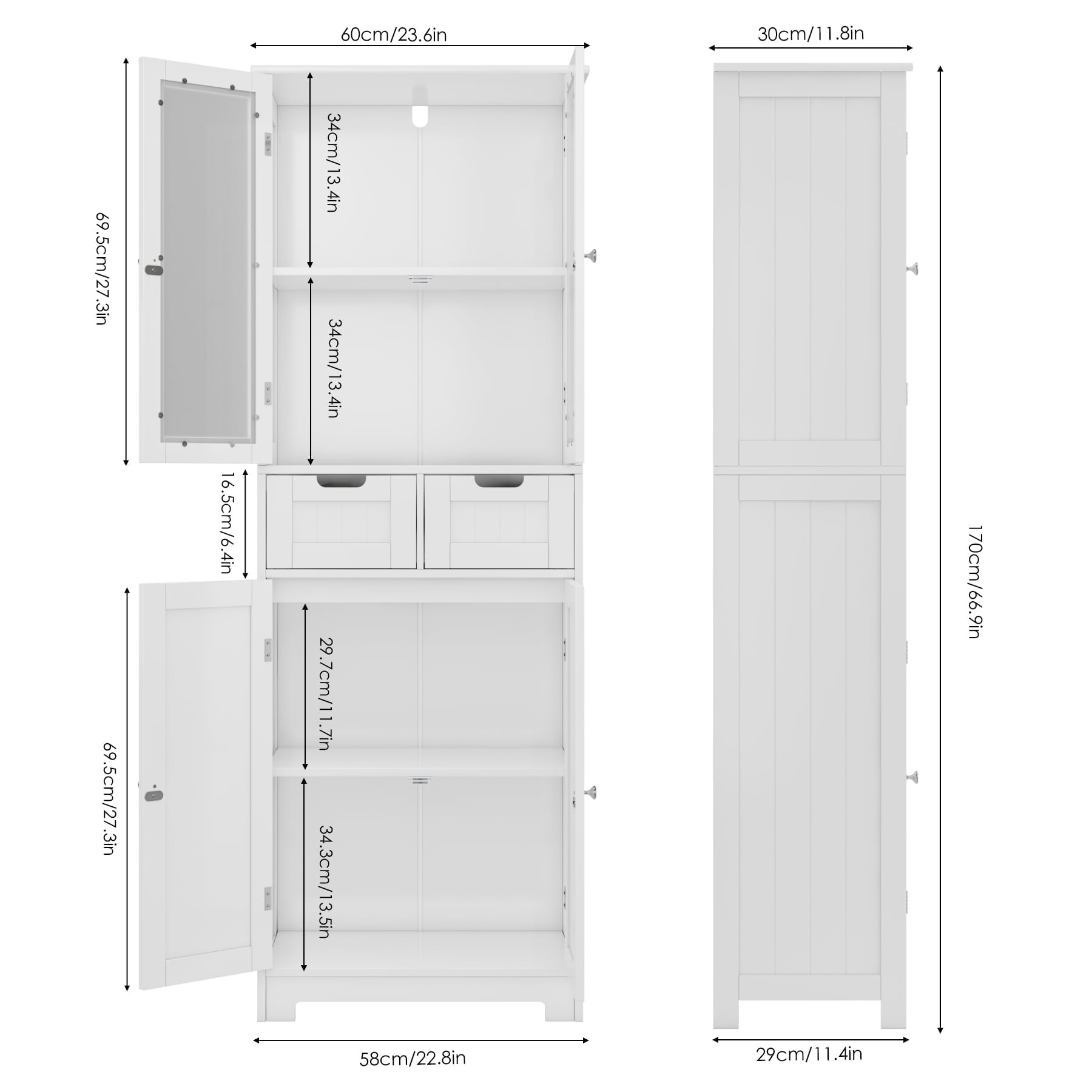 Homfa 2pcs Bathroom Cabinet with 4 Doors, 3-Tier Wood Tall Linen Storage Cabinet with 2 Drawers for Living Room Office, White