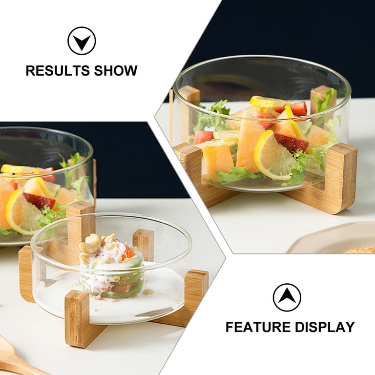食器  Glass Bowl Set with Stand Creative Glass Salad Bowl with Wood Stand for Snacks and Fruits